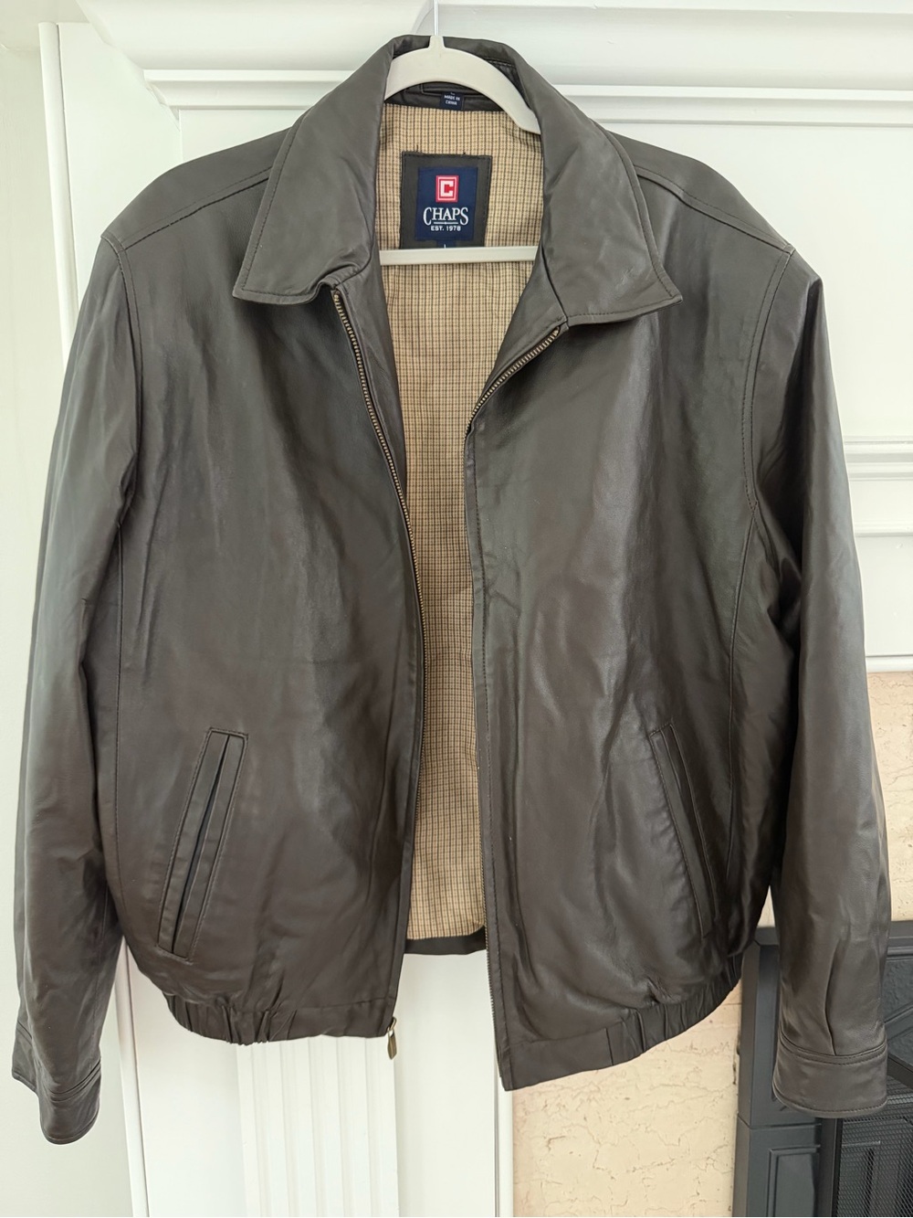 Chaps Brown Preppy Genuine Leather Bomber Quiet Luxury Oversized Jacket